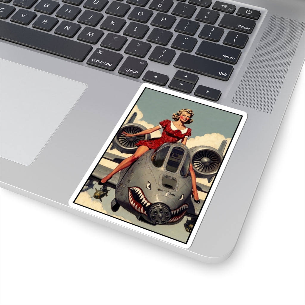 Vintage Pin-Up Plane Sticker — Retro Nose Art Kiss-Cut Sticker